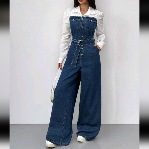 Women Blue Jumpsuit In Outfit Comes With Belt Wide Leg Pants